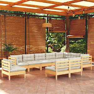 Vrtna sedežna garnitura 10-delna s krem blazinami borovina