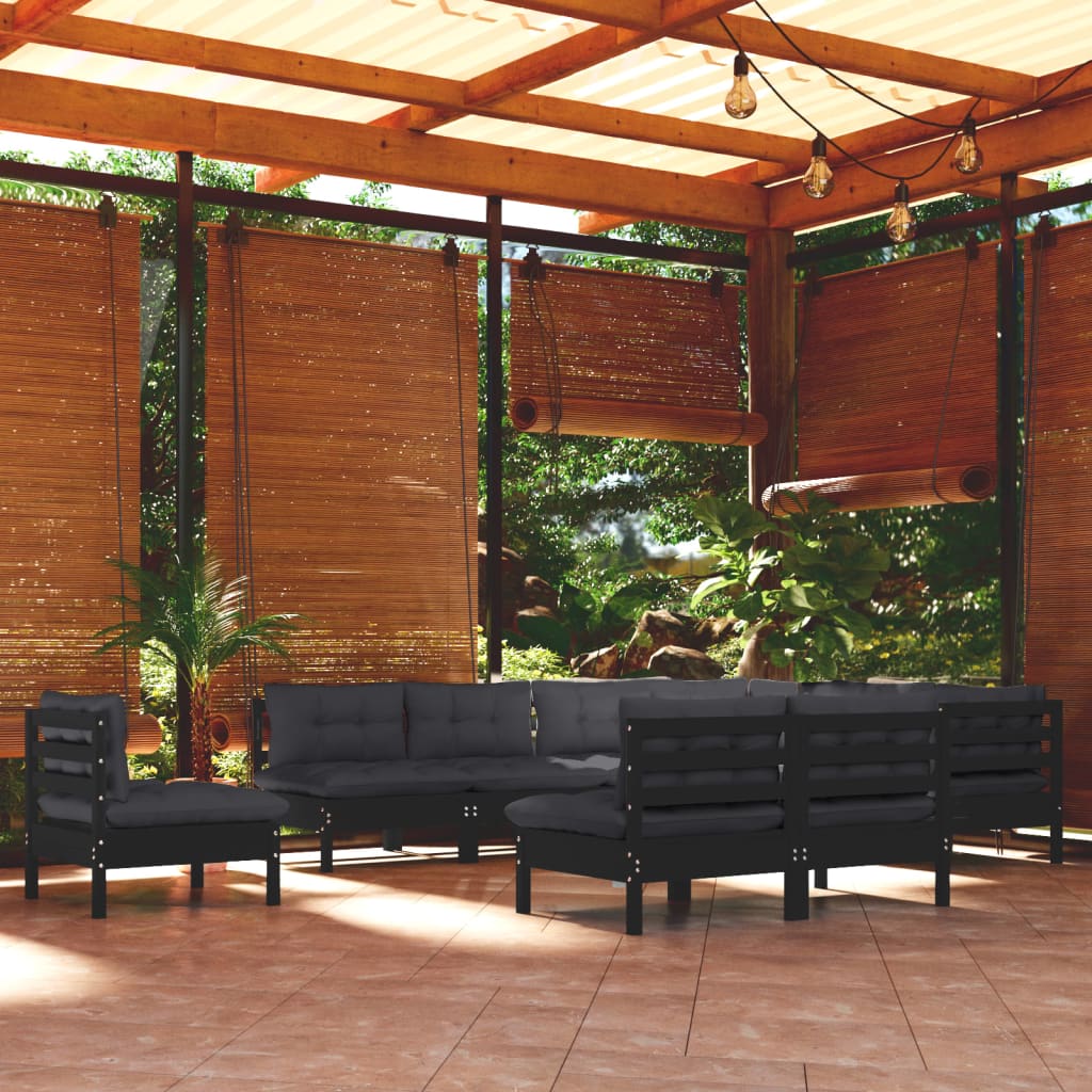 Salon de jardin 10 pcs avec coussins Noir Bois de pin solide