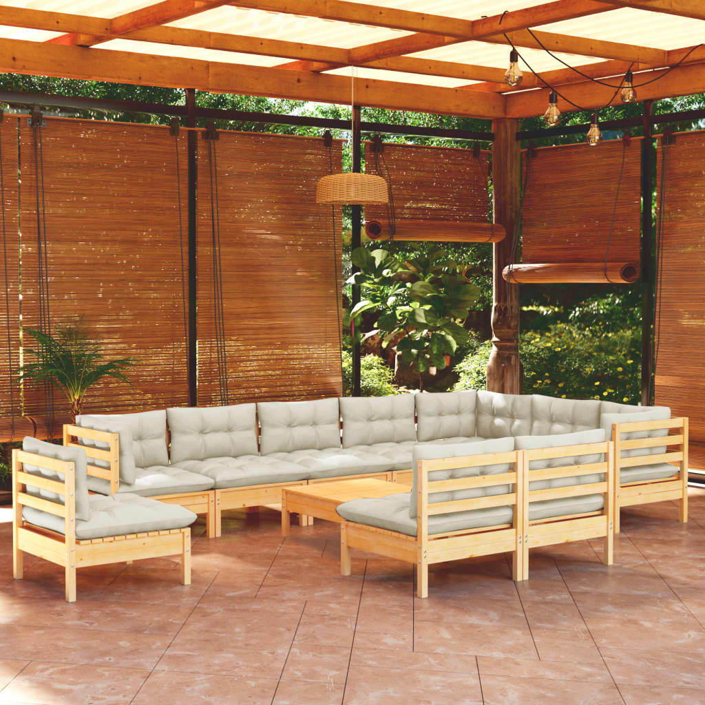 vidaXL 11-tlg. Garten-Lounge-Set mit Creme Kissen Massivholz Kiefer