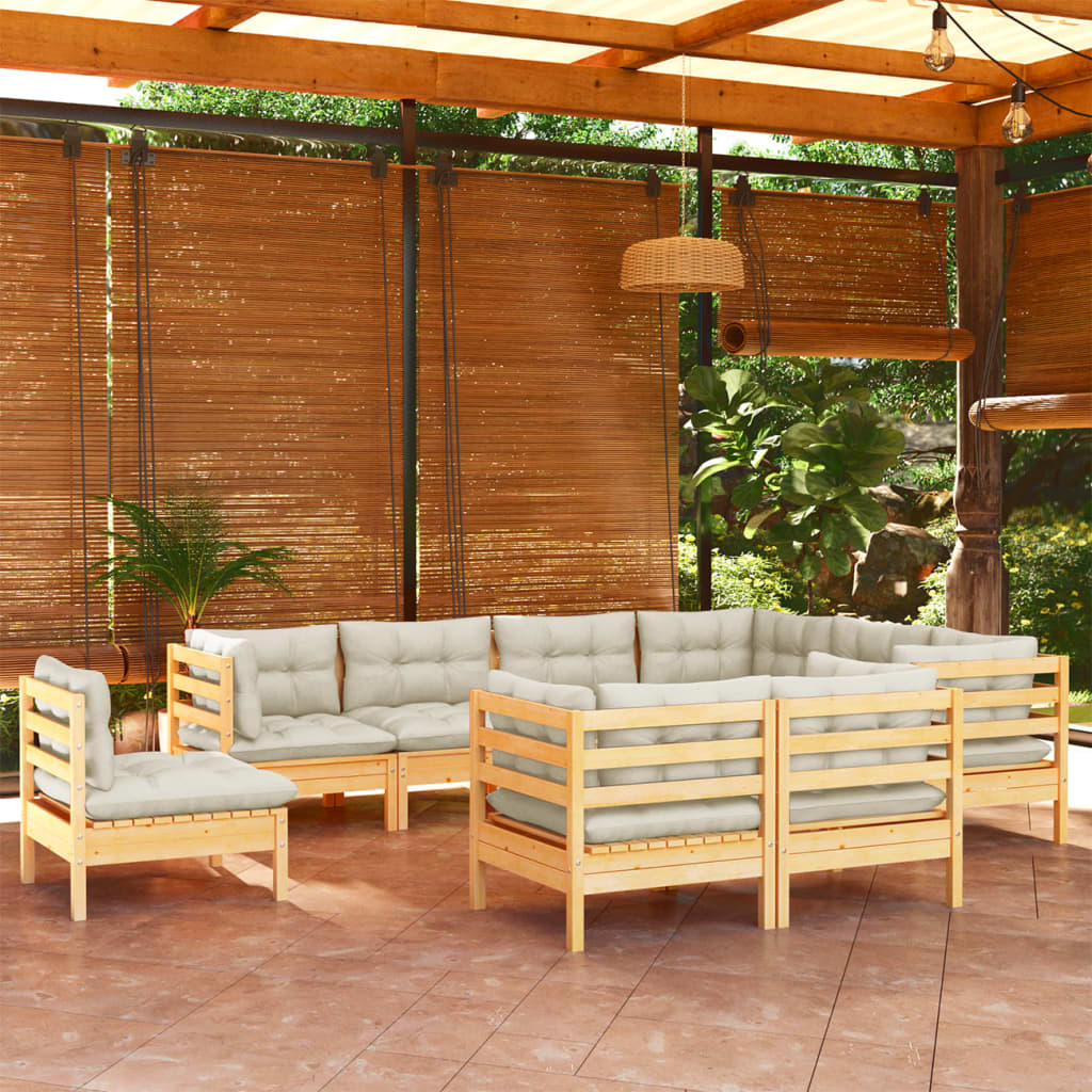 9-tlg. Garten-Lounge-Set mit Creme Kissen Massivholz Kiefer