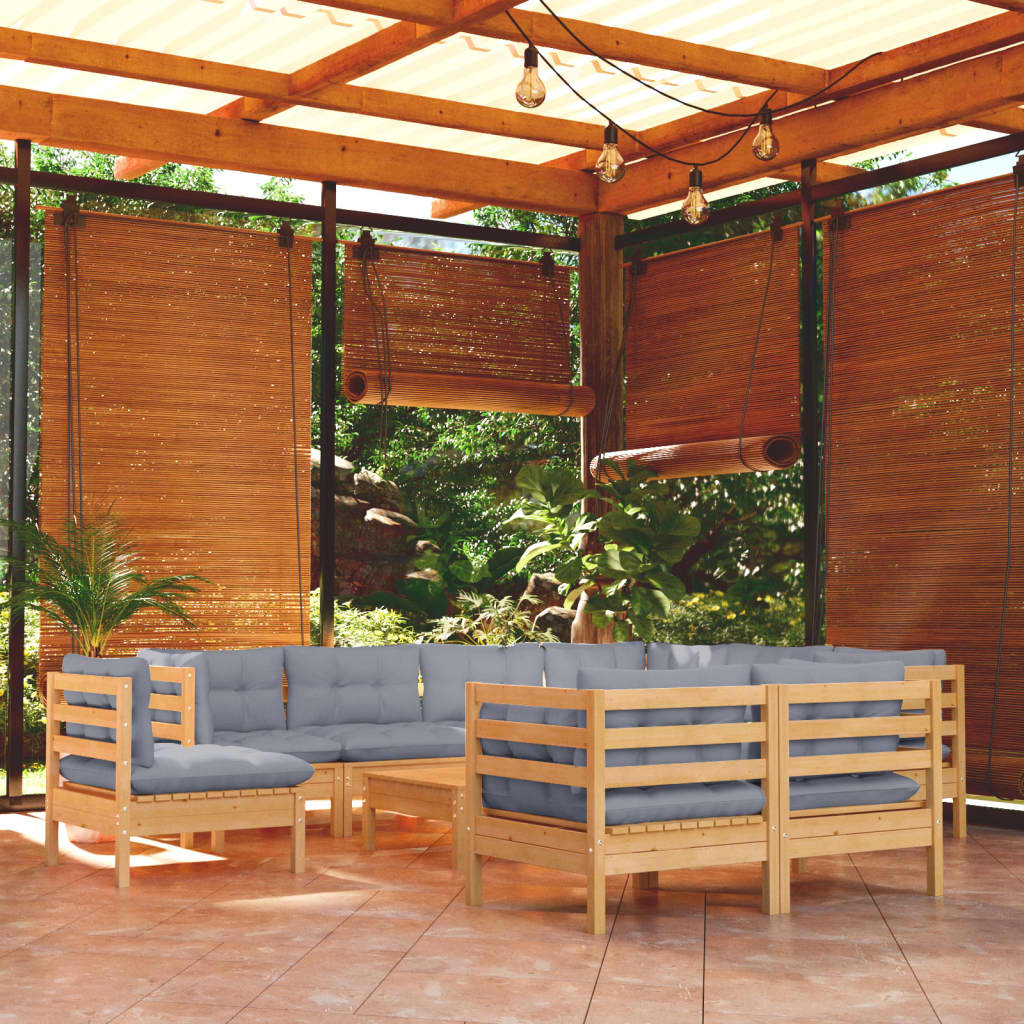 10-tlg. Garten-Lounge-Set mit Grauen Kissen Kiefer Massivholz kaufen