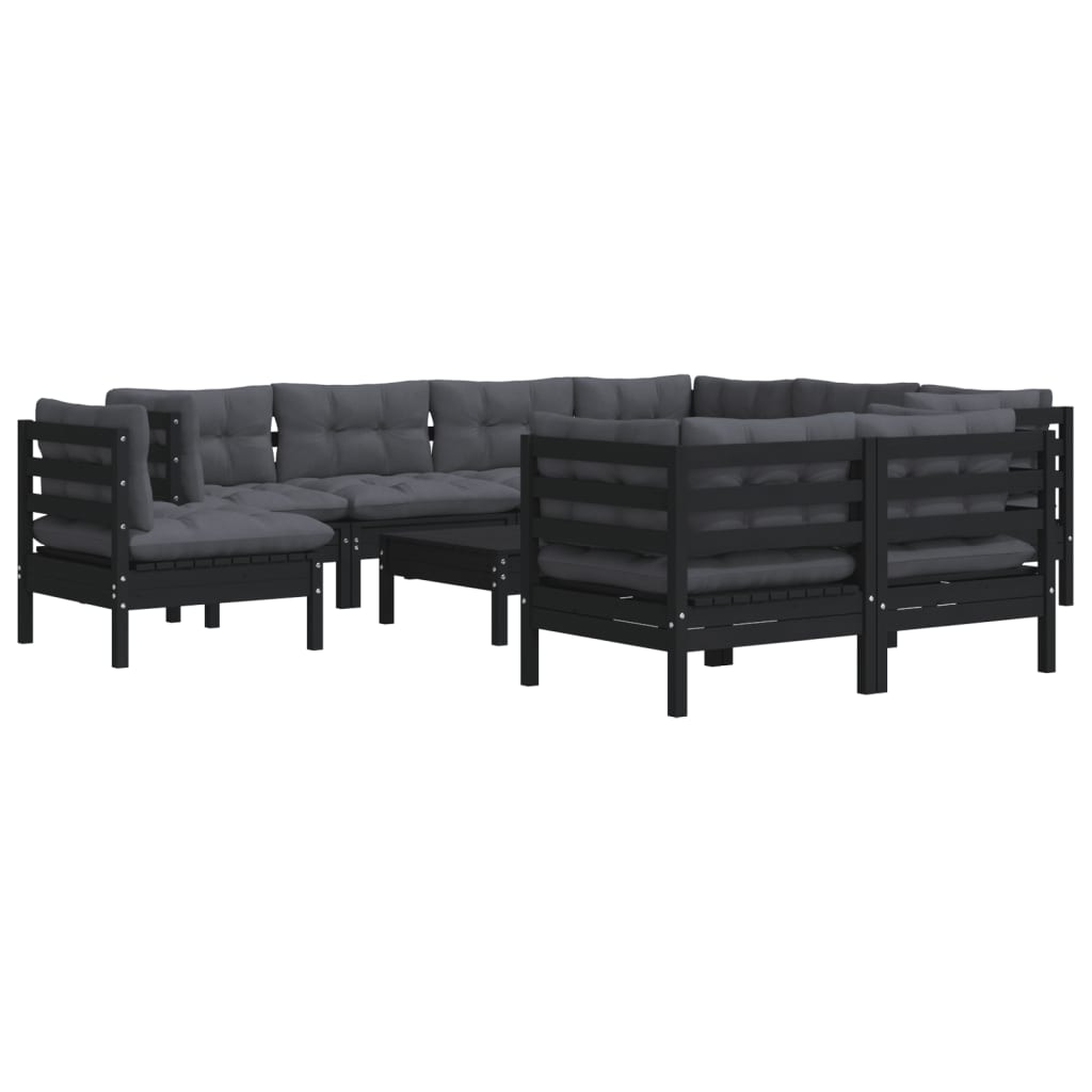 Set mobilier de grădină cu perne 10 piese negru lemn masiv pin