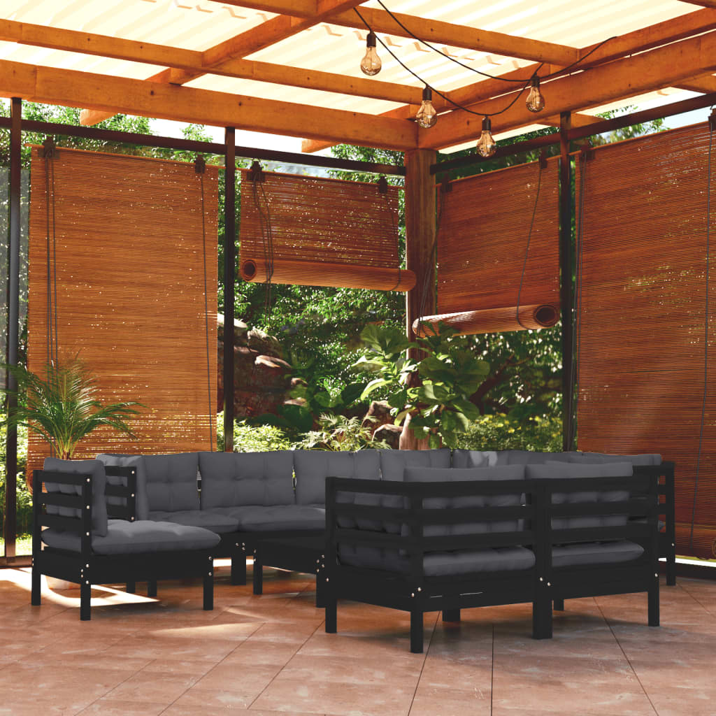 vidaXL 10-tlg. Garten-Lounge-Set mit Kissen Schwarz Massivholz Kiefer