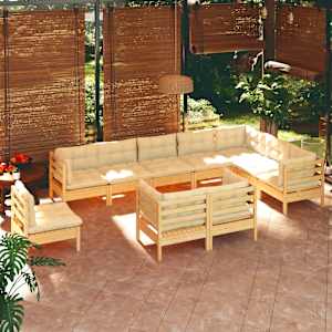 Vrtna sedežna garnitura 10-delna s krem blazinami borovina