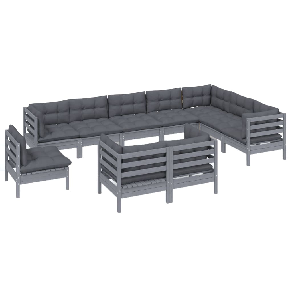 

vidaXL 10-delige Loungeset met kussens massief grenenhout grijs