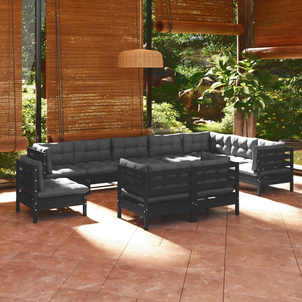 vidaXL 10-tlg. Garten-Lounge-Set mit Kissen Schwarz Massivholz Kiefer