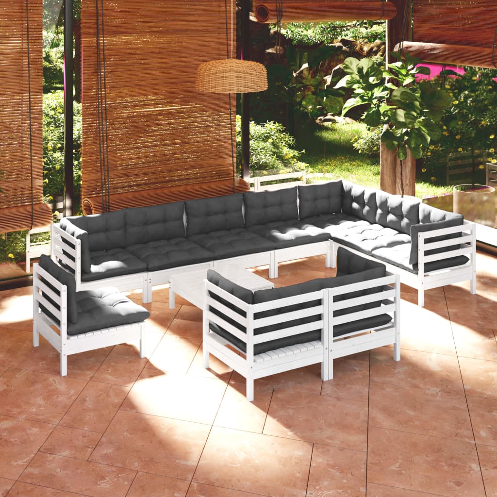 vidaXL 11-tlg. Garten-Lounge-Set mit Kissen Weiß Kiefer Massivholz