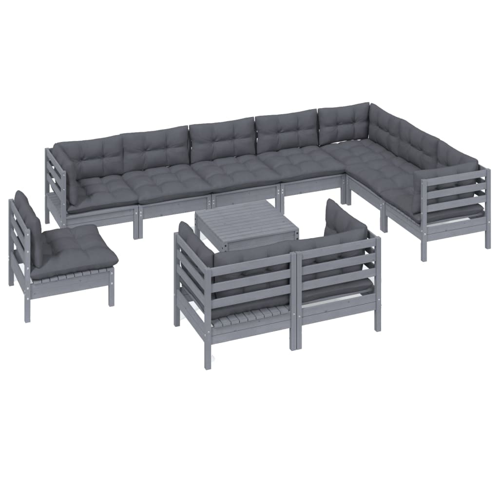 

vidaXL 11-delige Loungeset met kussens massief grenenhout grijs