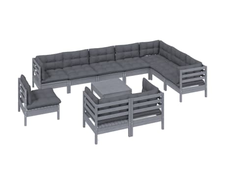 vidaXL Sodo komplektas su pagalvėmis, 11 dalių, pilkas, pu&scaron;ies masyvas