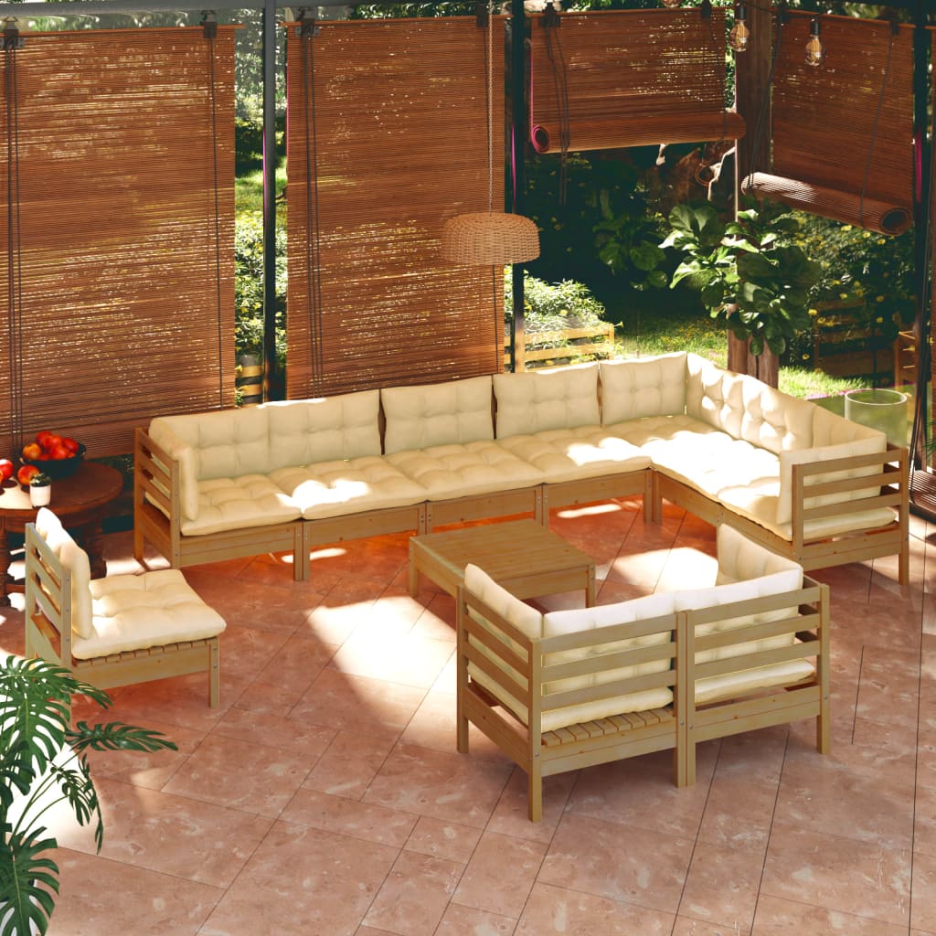 Salon de jardin 11 pcs avec coussins Marron miel Bois de pin