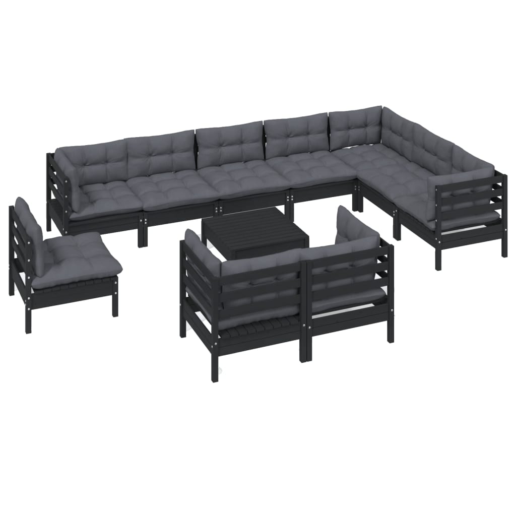 

vidaXL 11-delige Loungeset met kussens massief grenenhout zwart