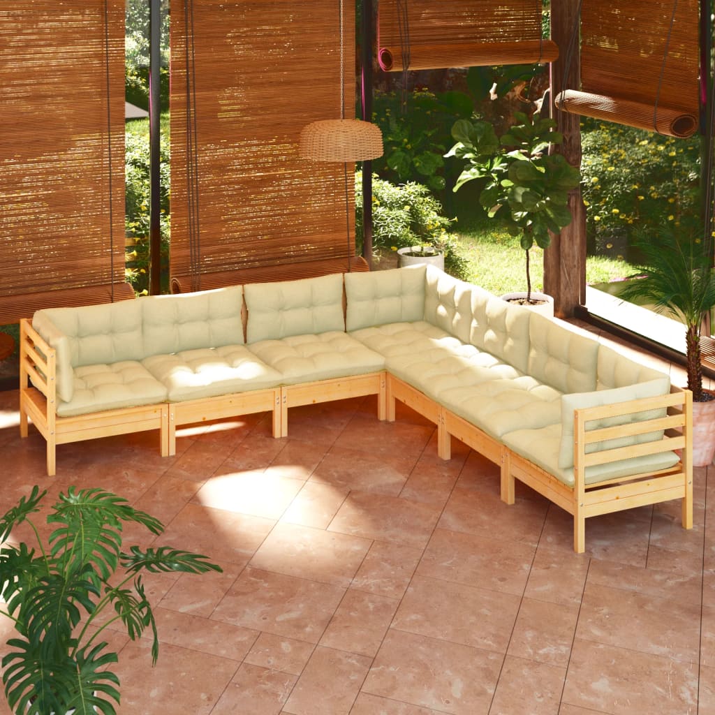 7-tlg. Garten-Lounge-Set mit Creme Kissen Massivholz Kiefer