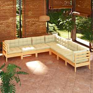 Vrtna sedežna garnitura 7-delna s krem blazinami trdna borovina