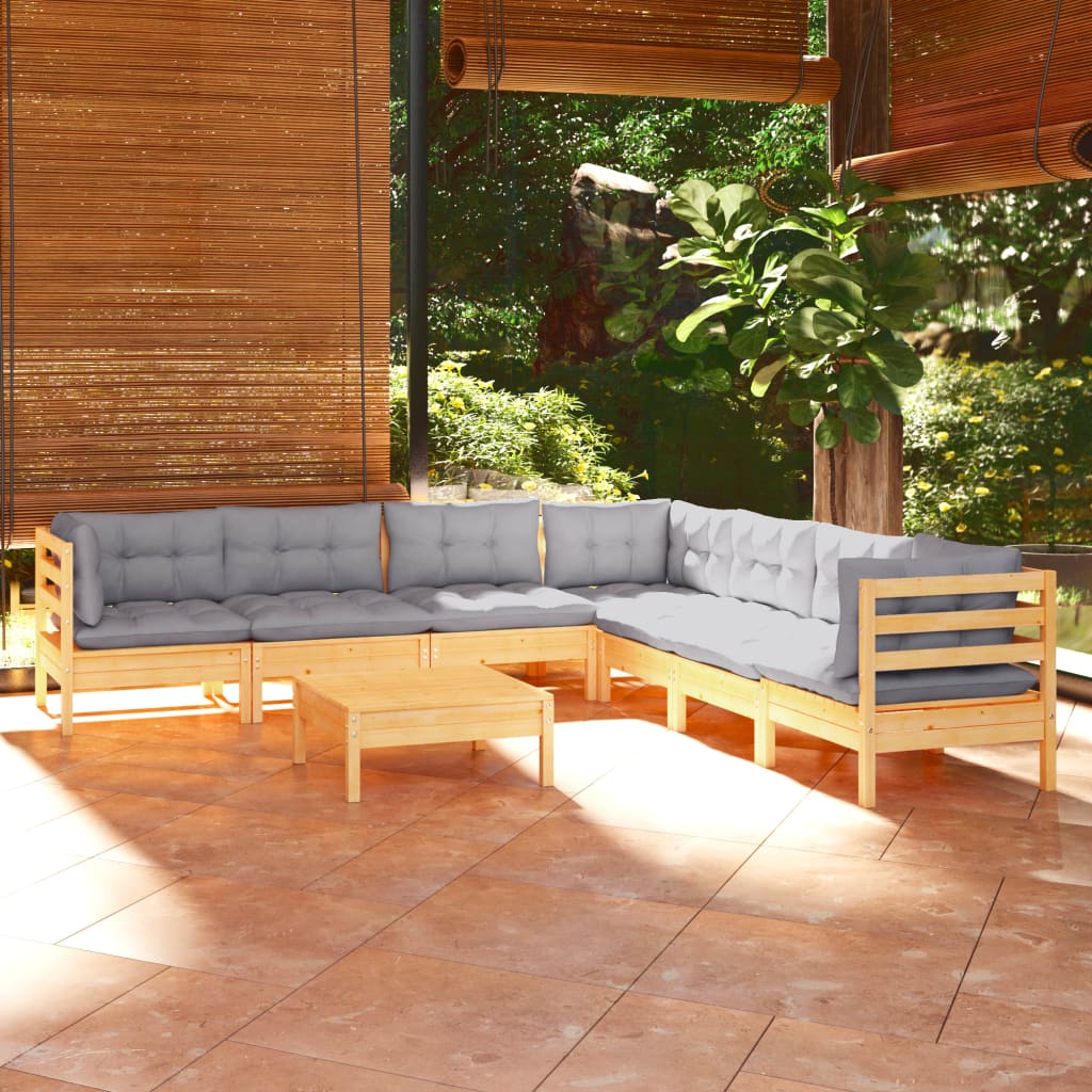 8-tlg. Garten-Lounge-Set mit Grauen Kissen Kiefer Massivholz