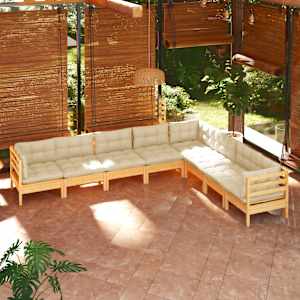 Vrtna sedežna garnitura 8-delna s krem blazinami trdna borovina