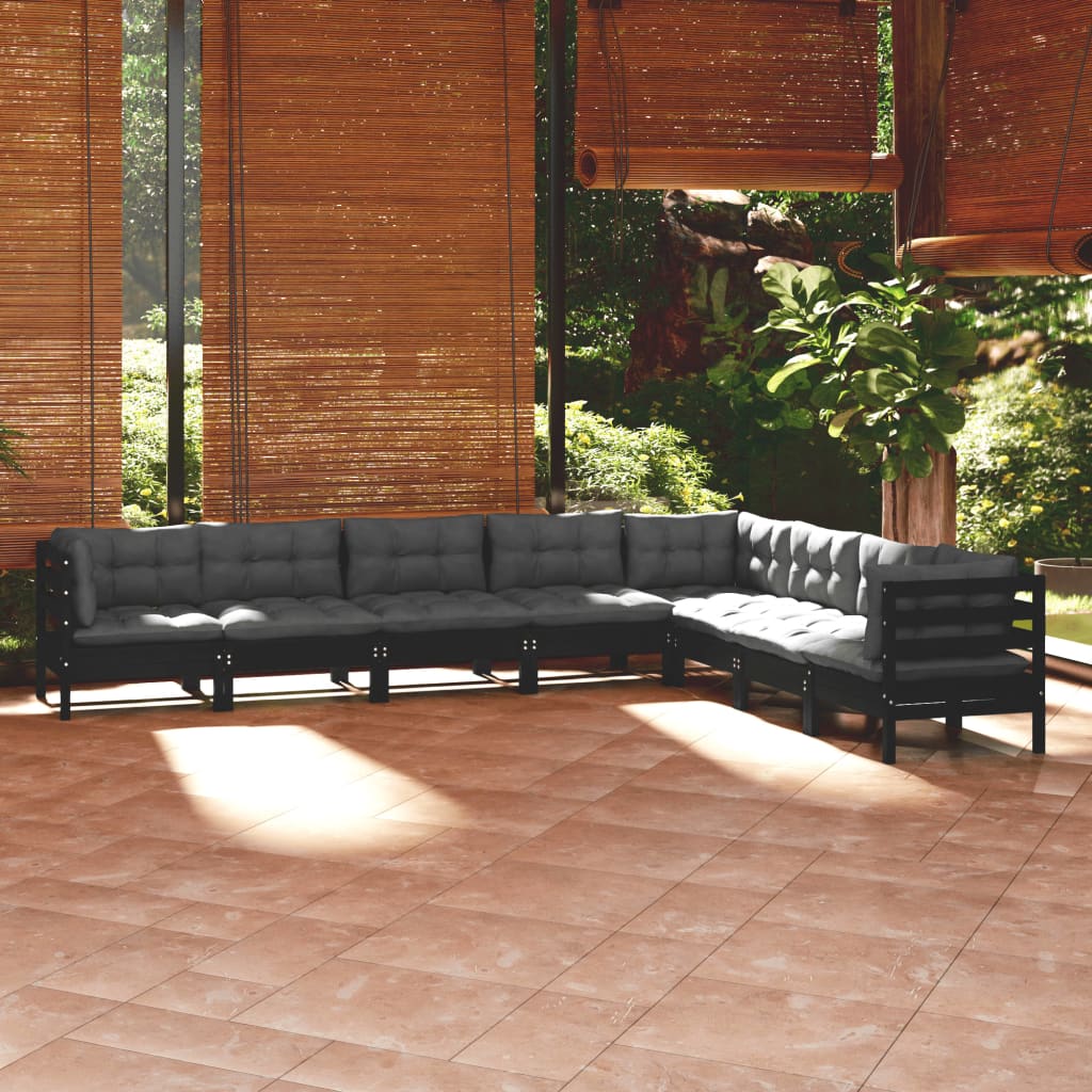 8-tlg. Garten-Lounge-Set mit Kissen Schwarz Massivholz Kiefer