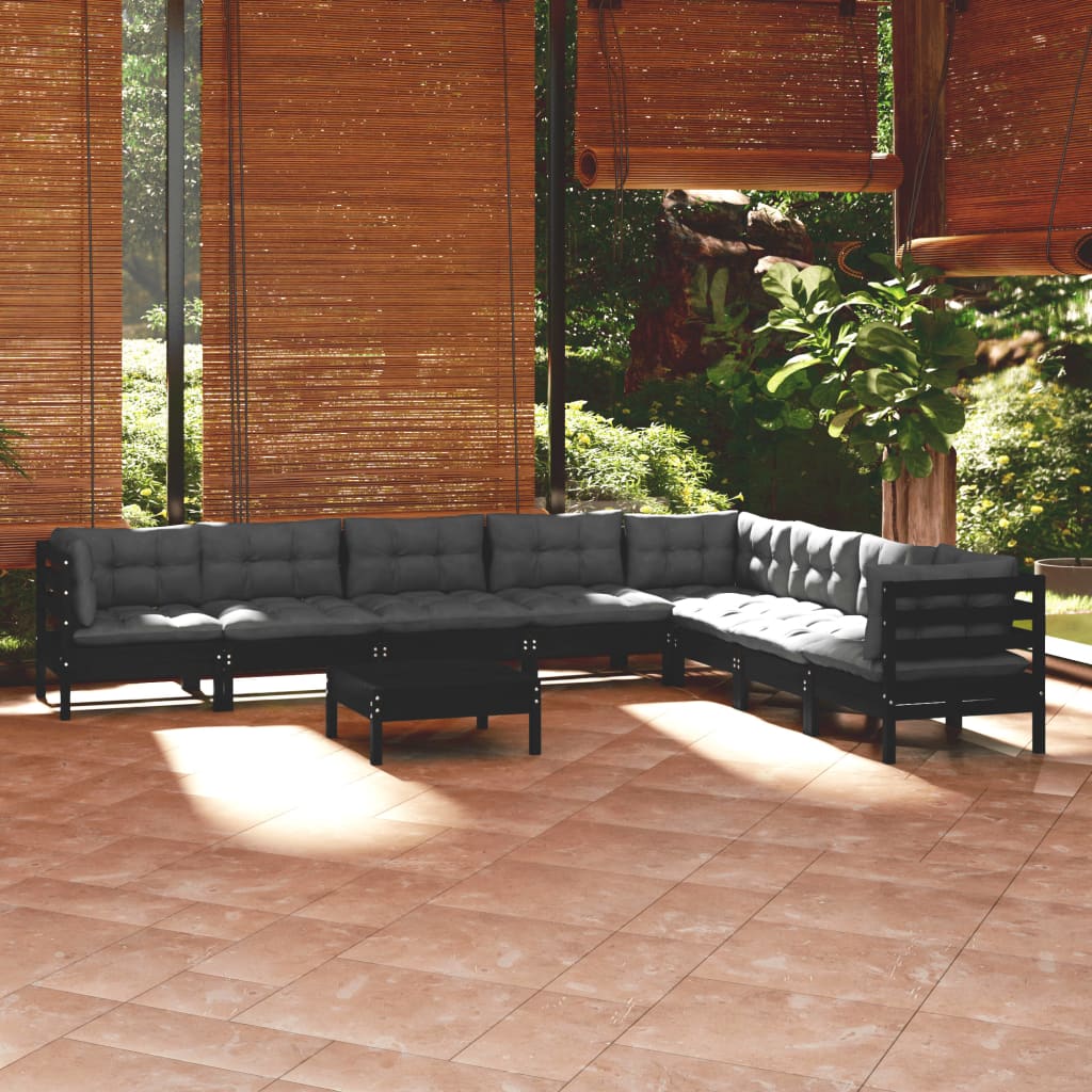 vidaXL 9-tlg. Garten-Lounge-Set mit Kissen Schwarz Massivholz Kiefer