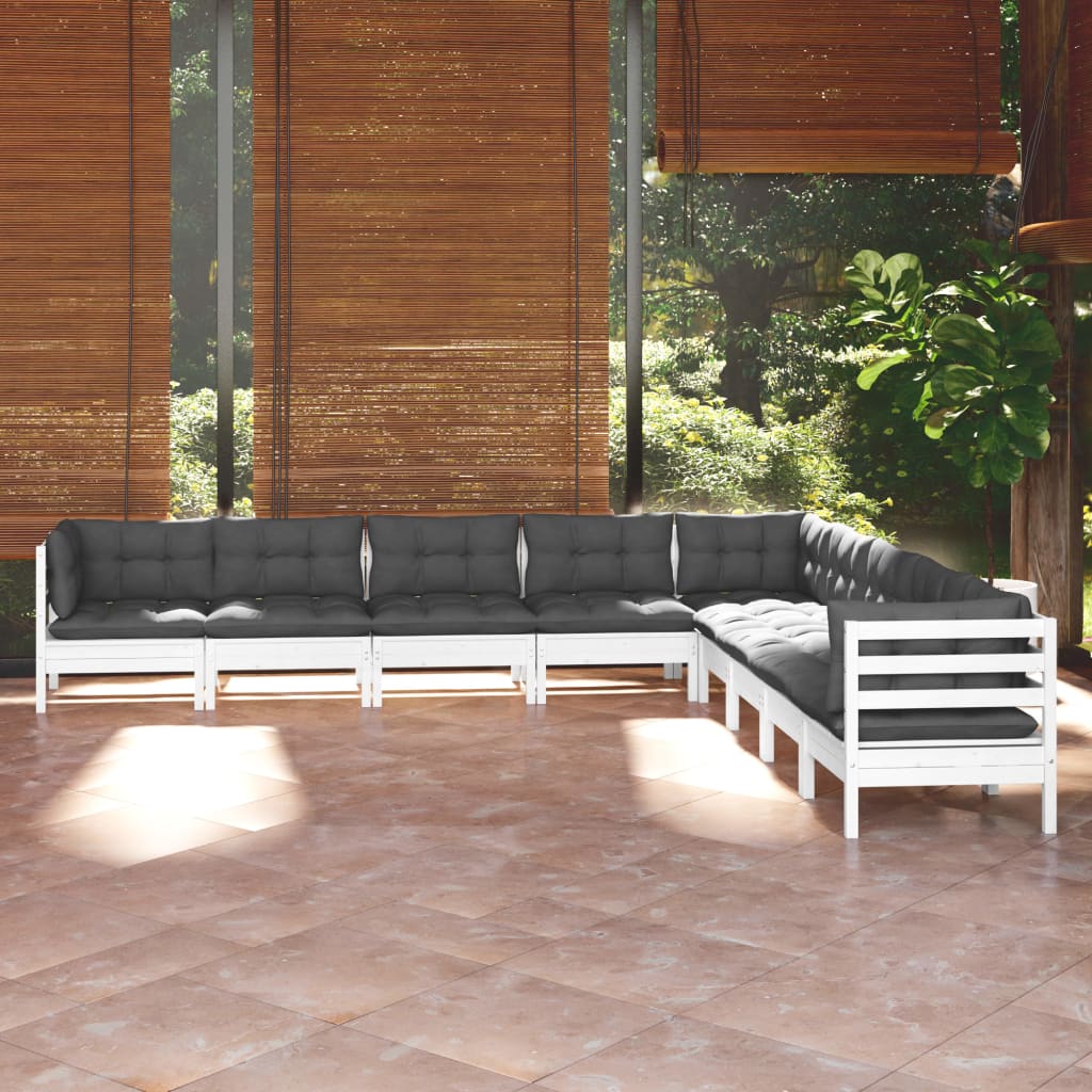 vidaXL Set mobilier de grădină cu perne, 9 piese, alb, lemn masiv pin alb