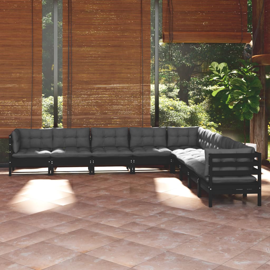 vidaXL 9-tlg. Garten-Lounge-Set mit Kissen Schwarz Massivholz Kiefer