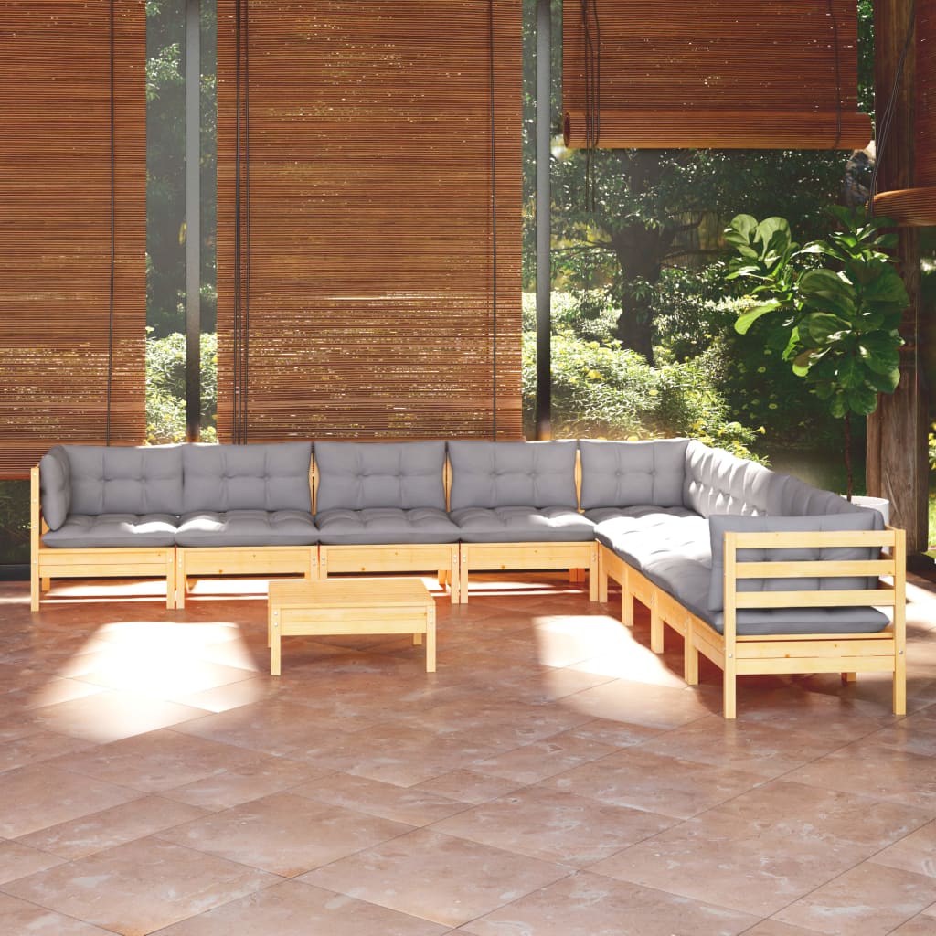 vida XL 10-tlg. Garten-Lounge-Set mit Grauen Kissen Kiefer Massivholz