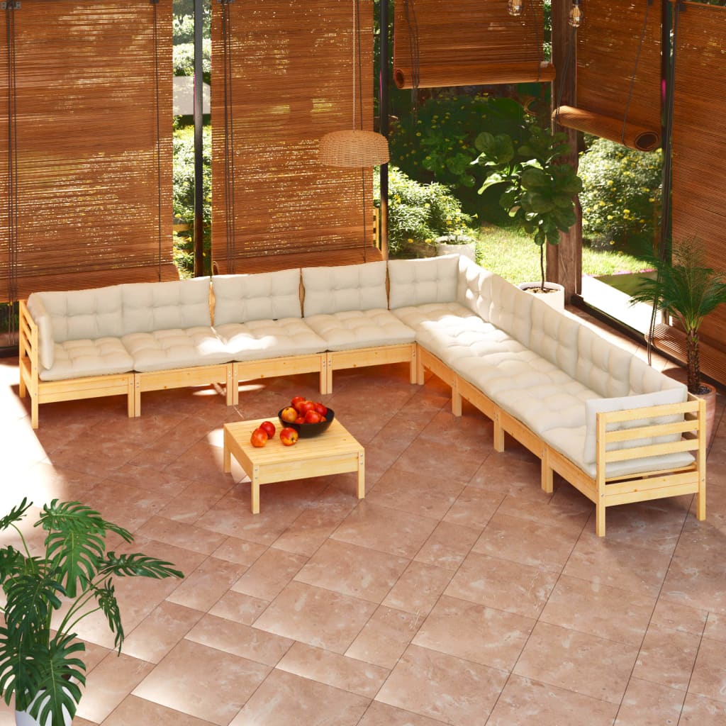 vidaXL 10-cz. zestaw wypoczynkowy do ogrodu, kremowe poduszki, sosnowy