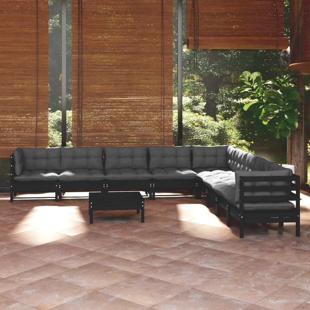 vidaXL 10-tlg. Garten-Lounge-Set mit Kissen Schwarz Massivholz Kiefer