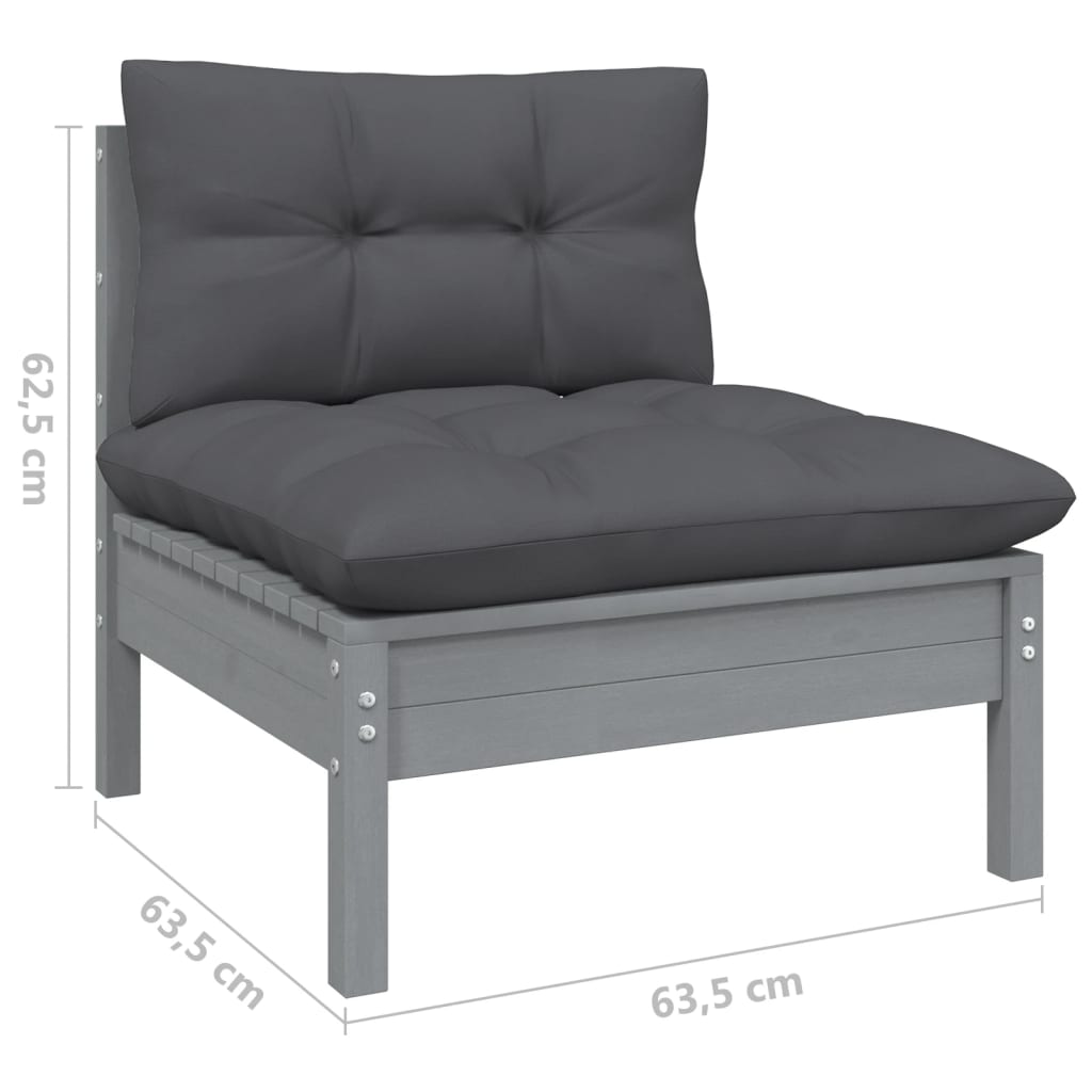 Set mobilier de grădină cu perne, 9 piese, gri, lemn masiv pin