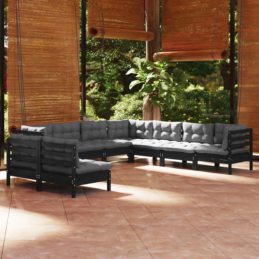 vidaXL 9-tlg. Garten-Lounge-Set mit Kissen Schwarz Massivholz Kiefer