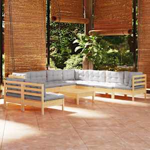 Vrtna sedežna garnitura 10-delna s sivimi blazinami borovina