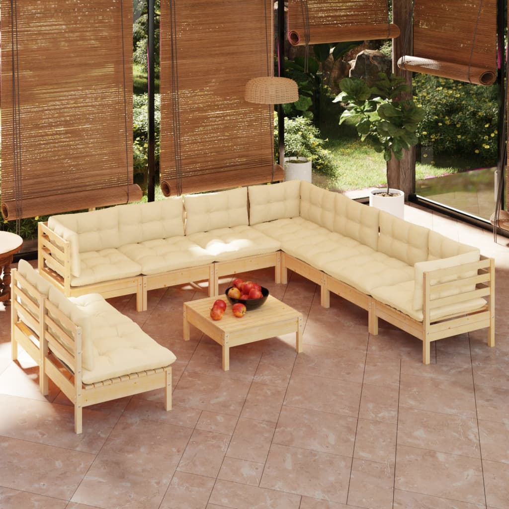 vidaXL 10-tlg. Garten-Lounge-Set mit Creme Kissen Massivholz Kiefer