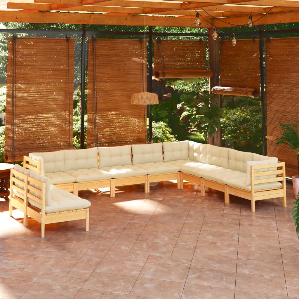 10-tlg. Garten-Lounge-Set mit Creme Kissen Massivholz Kiefer kaufen