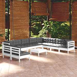 Vrtna sedežna garnitura 11-delna z blazinami bela borovina