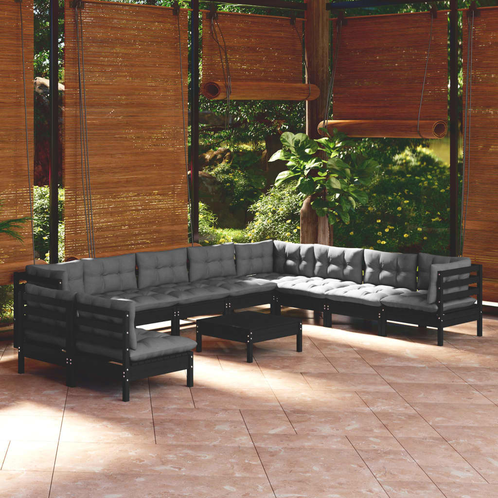 Salon de jardin 11 pcs avec coussins Noir Bois de pin solide