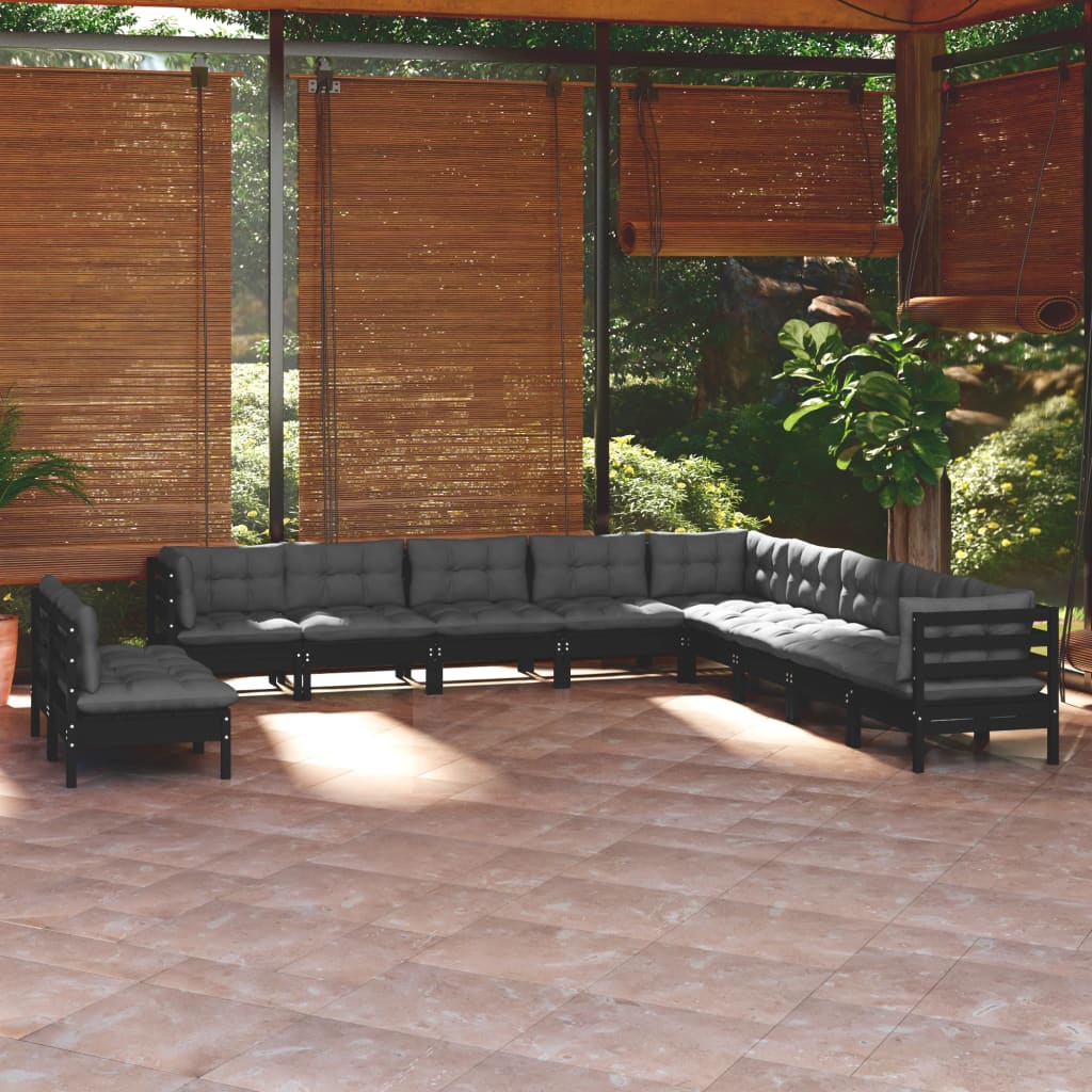 vidaXL 11-tlg. Garten-Lounge-Set mit Kissen Schwarz Massivholz Kiefer