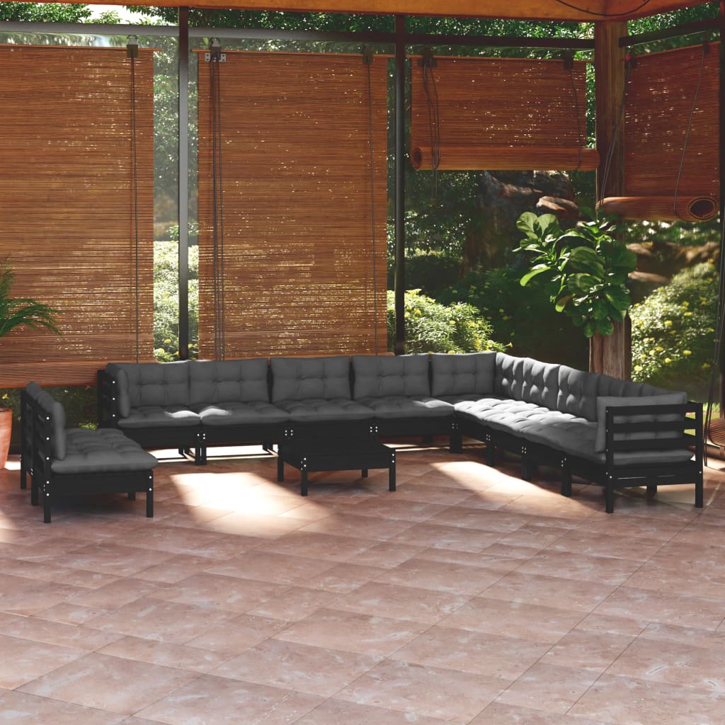 vidaXL 12-tlg. Garten-Lounge-Set mit Kissen Schwarz Massivholz Kiefer