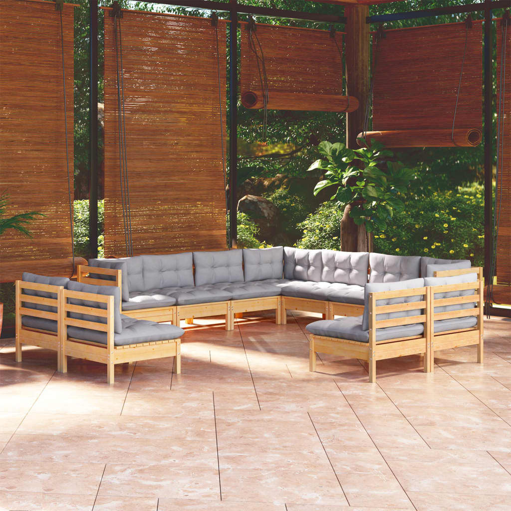vidaXL 11pcs conjunto lounge de jardim + almofadões cinza pinho maciço