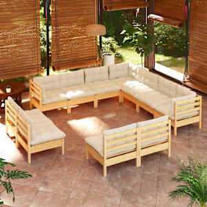 Vrtna sedežna garnitura 11-delna s krem blazinami borovina