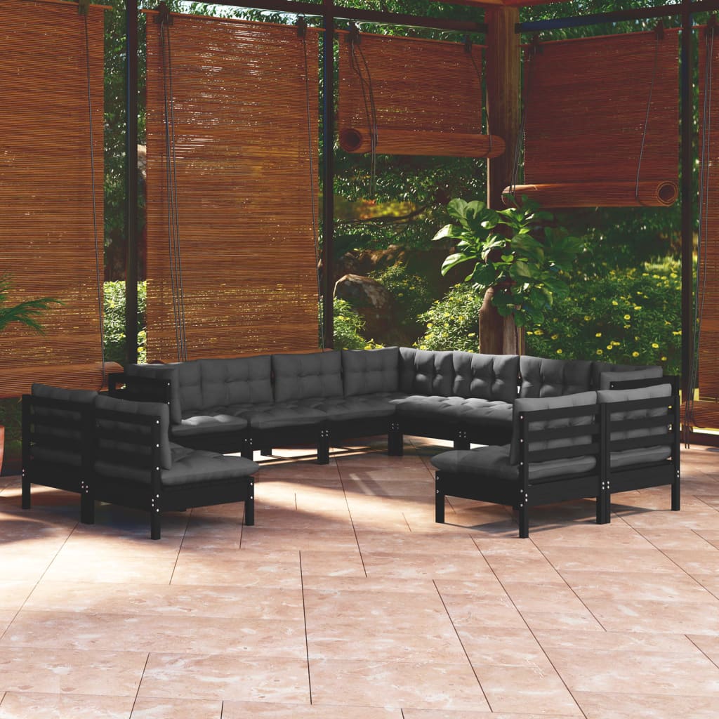 vidaXL 11-tlg. Garten-Lounge-Set mit Kissen Schwarz Massivholz Kiefer