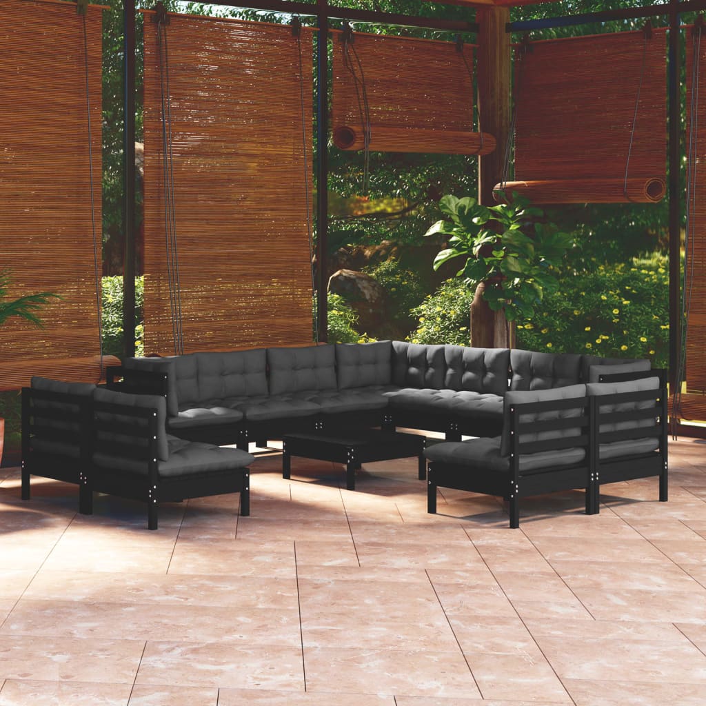 vidaXL 12-tlg. Garten-Lounge-Set mit Kissen Schwarz Massivholz Kiefer