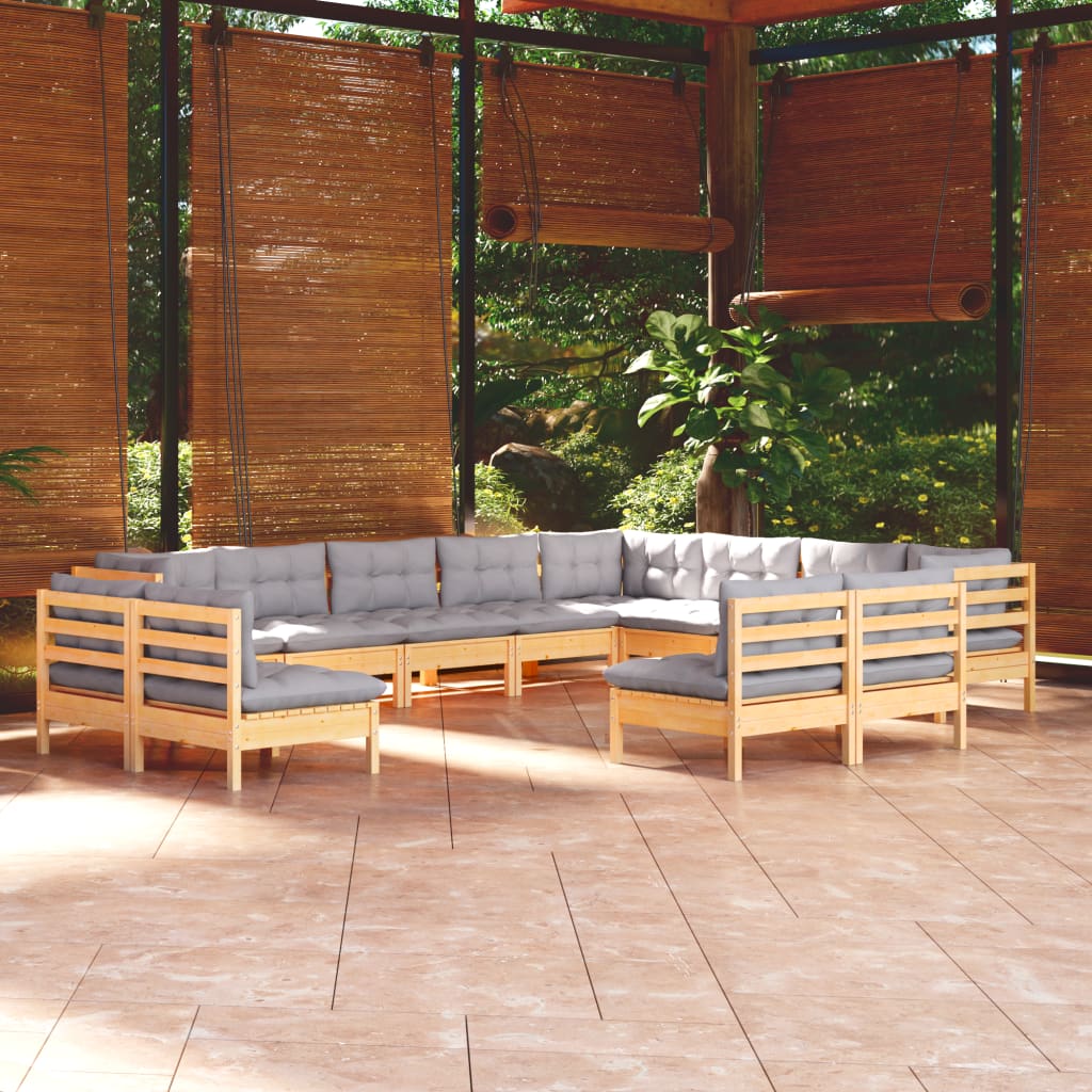 vidaXL 12-tlg. Garten-Lounge-Set mit Grauen Kissen Massivholz Kiefer