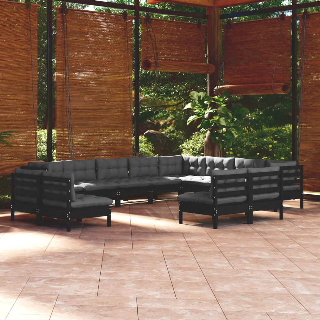 Salon de jardin 12 pcs avec coussins Noir Bois de pin solide
