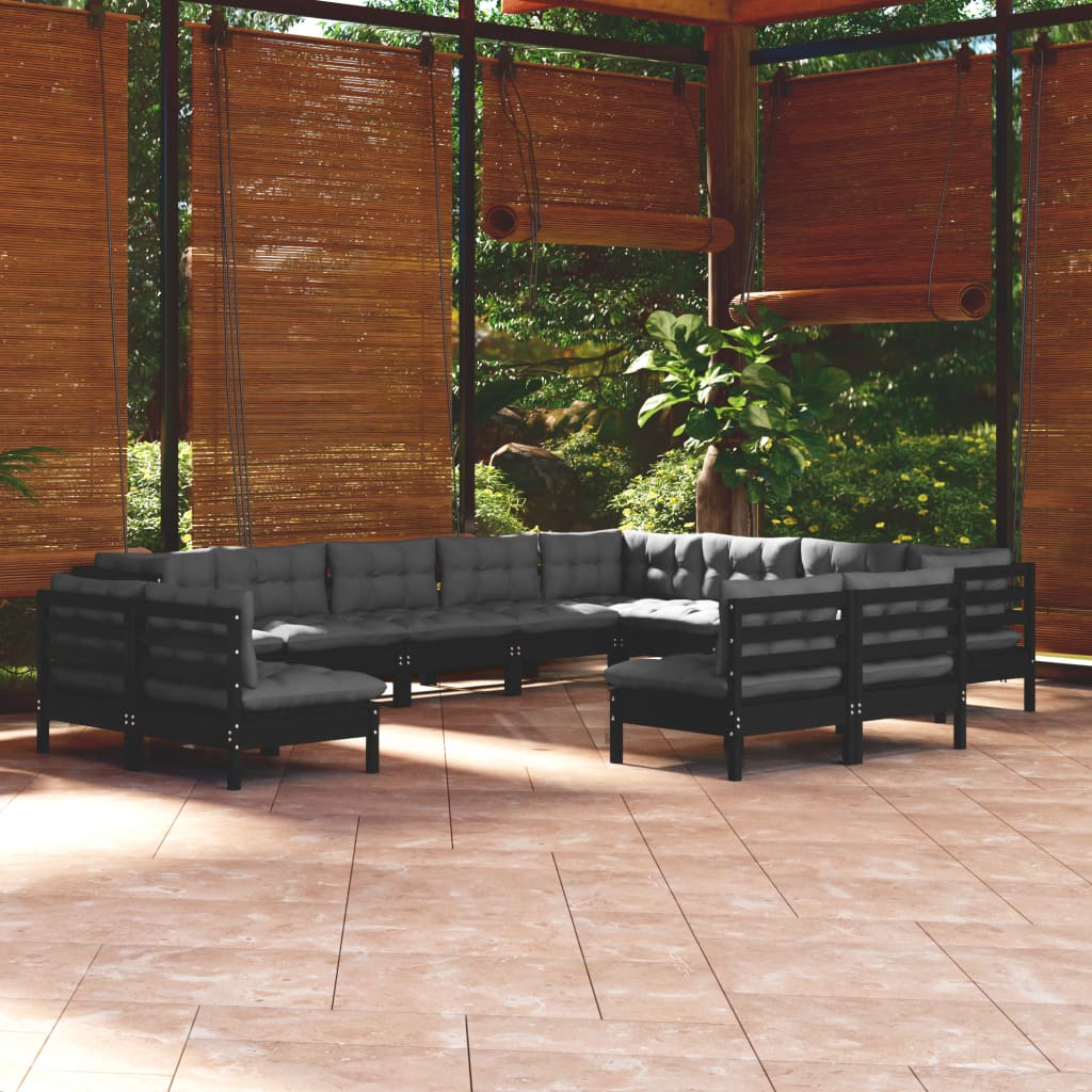 vidaXL 12-tlg. Garten-Lounge-Set mit Kissen Schwarz Massivholz Kiefer