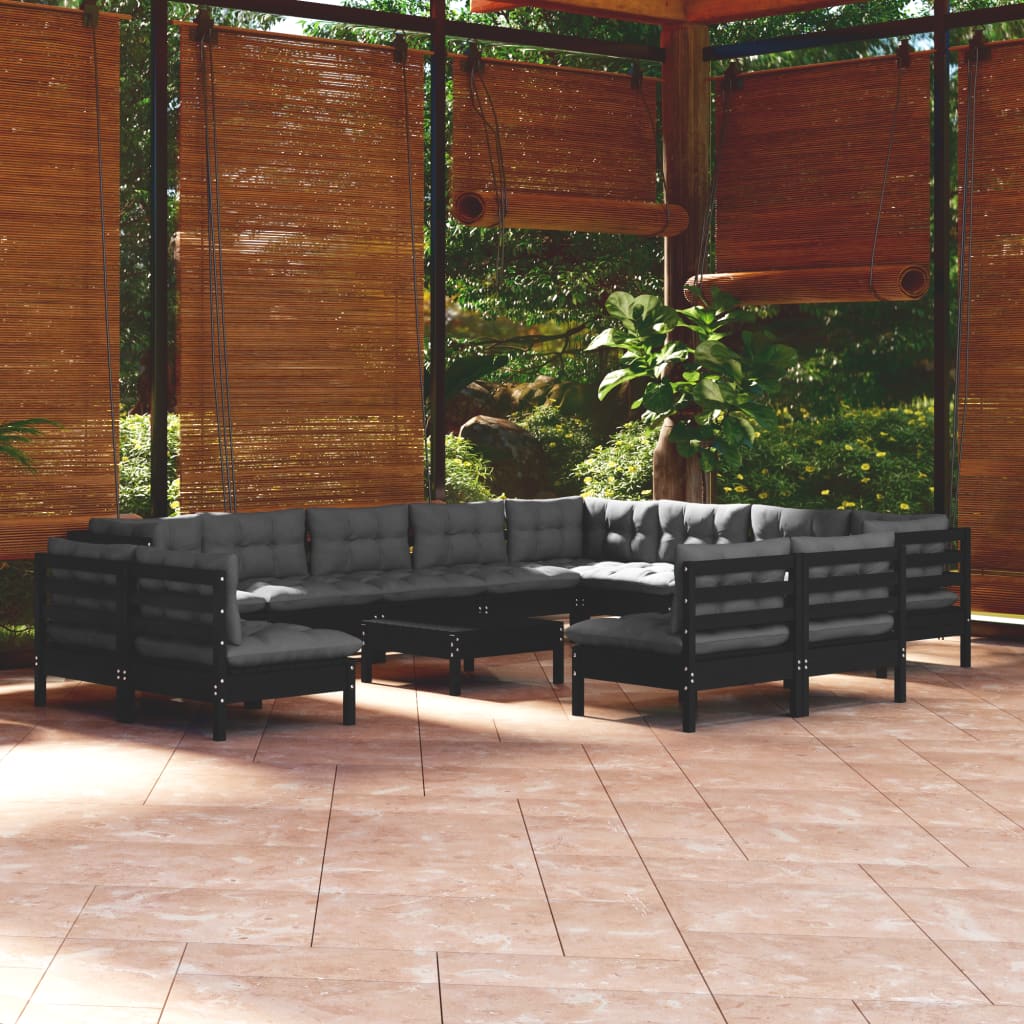 Salon de jardin 13 pcs avec coussins Noir Bois de pin solide
