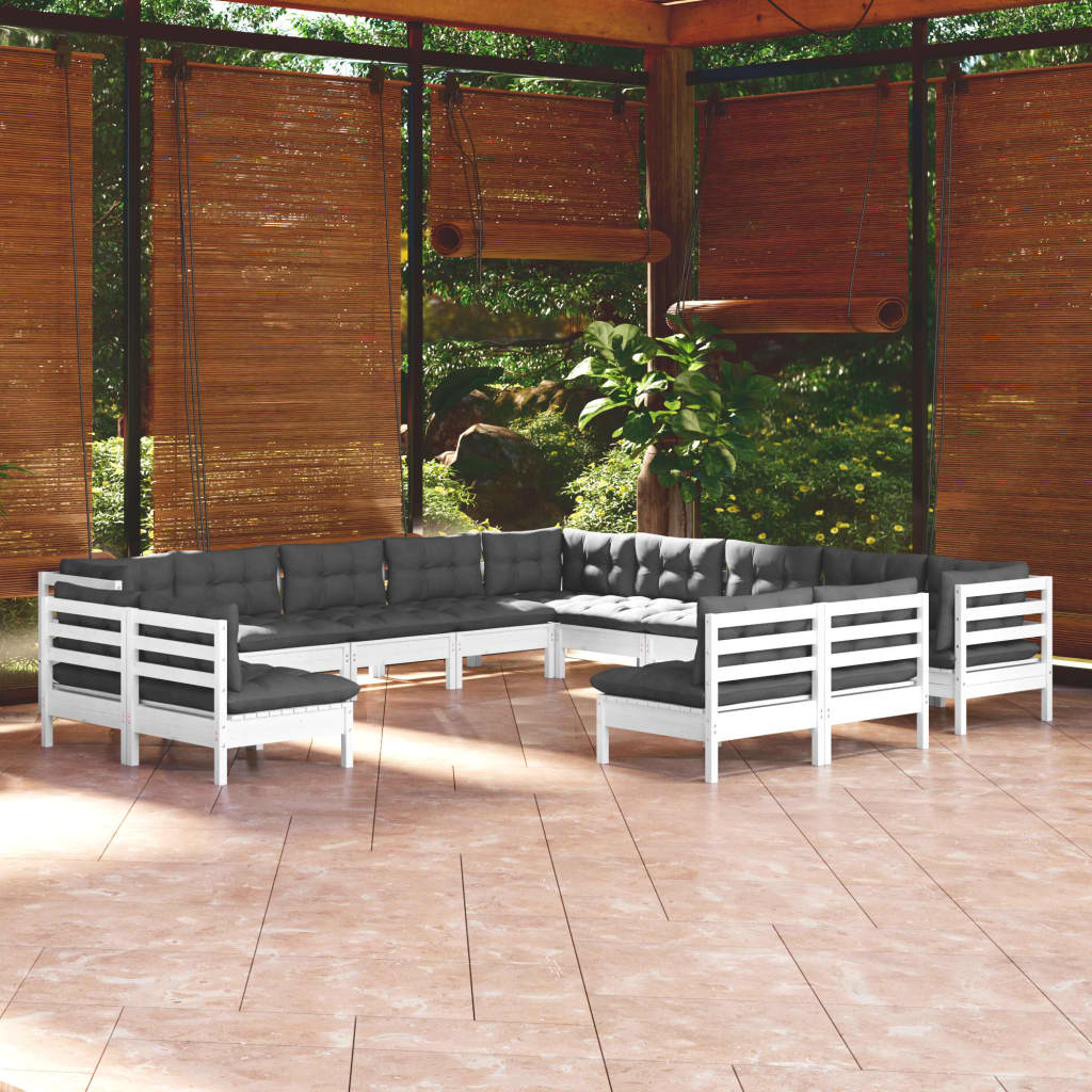 vidaXL Set mobilier de grădină cu perne, 13 piese, alb, lemn masiv pin 