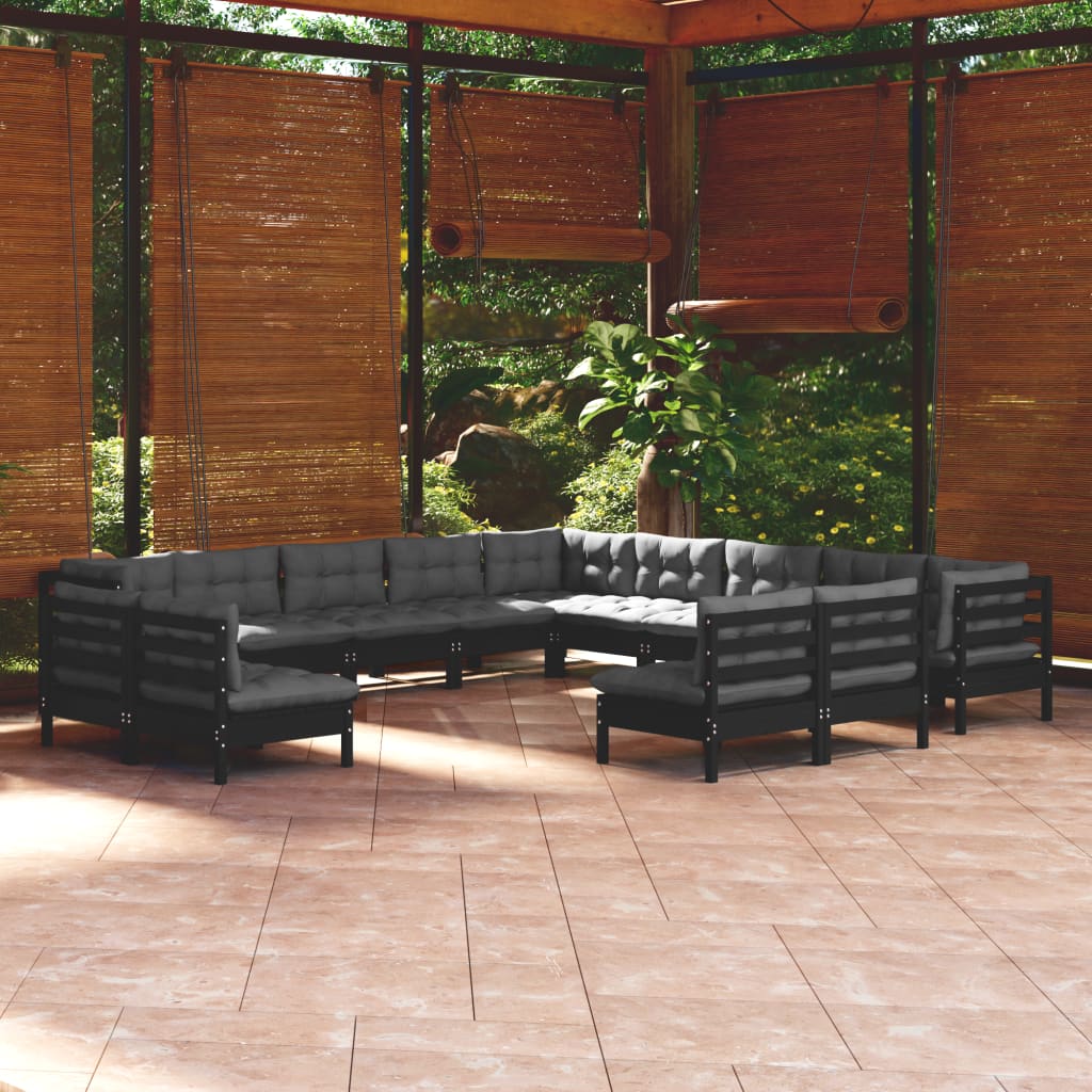 Salon de jardin 13 pcs avec coussins Noir Bois de pin massif