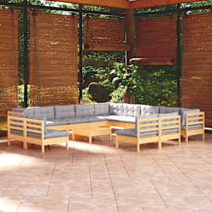 Vrtna sedežna garnitura 14-delna s sivimi blazinami borovina