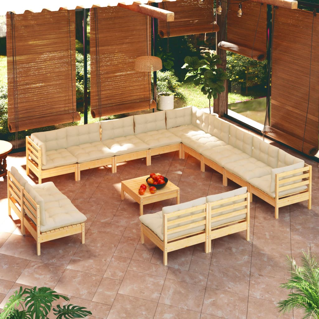 14-tlg. Garten-Lounge-Set mit Creme Kissen Massivholz Kiefer