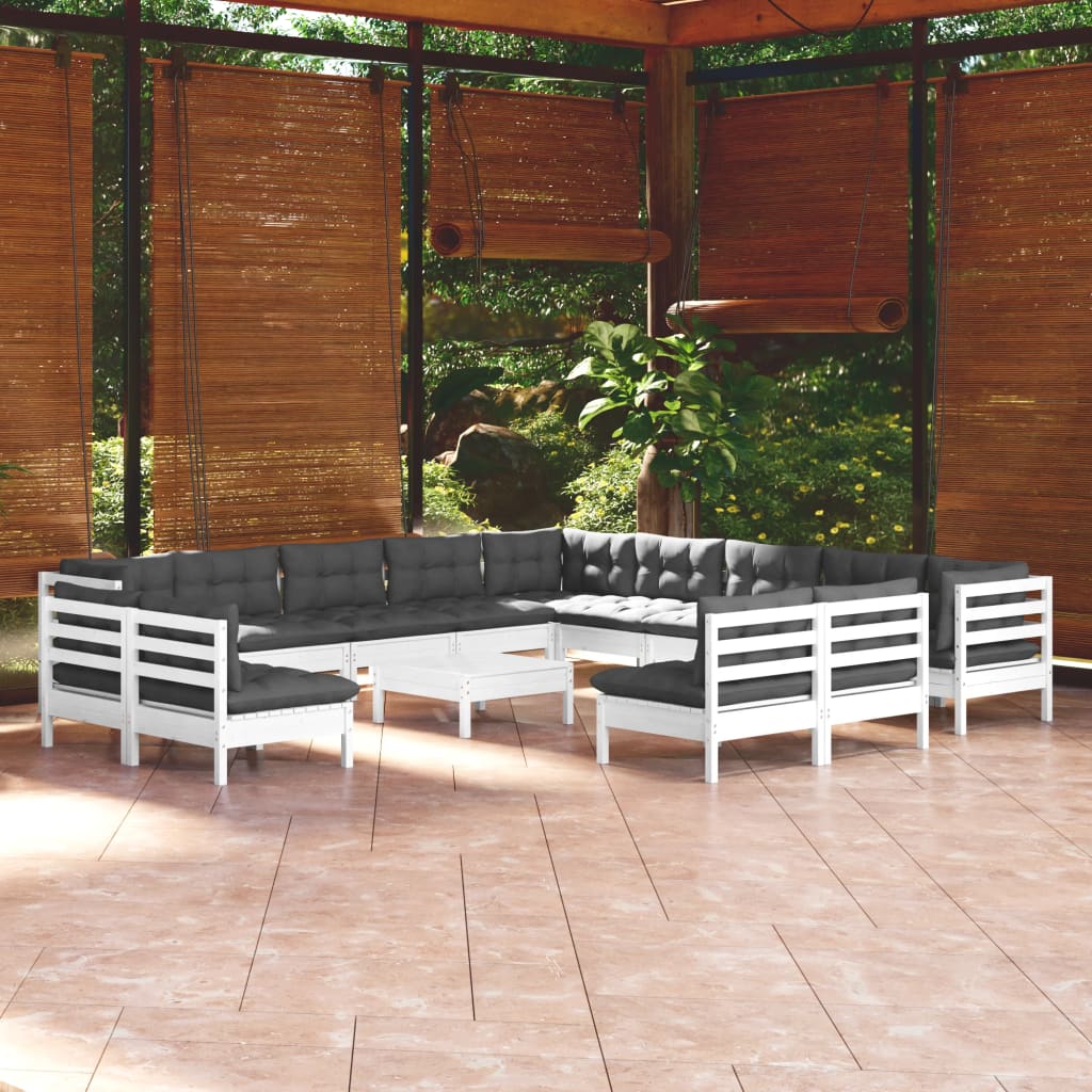 vidaXL Set mobilier grădină cu perne, 14 piese, alb, lemn masiv pin