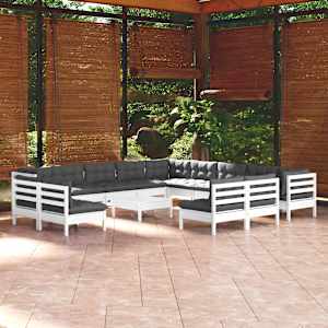 Vrtna sedežna garnitura 14-delna z blazinami bela borovina