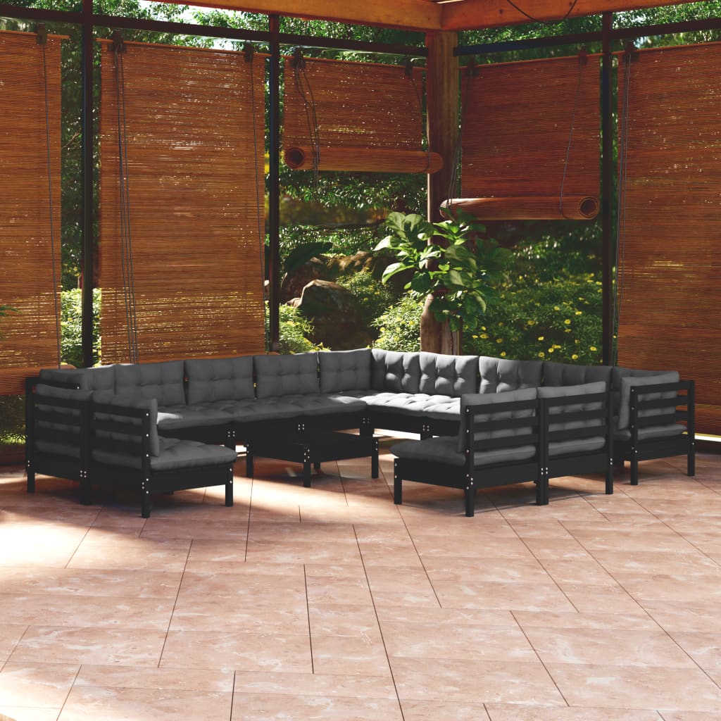 Salon de jardin 14 pcs avec coussins Noir Bois de pin solide